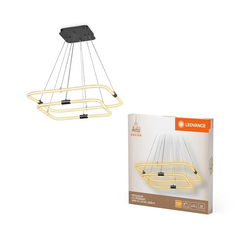 Suspension LEDVANCE DECOR Tetragon, 23 W, 3 000 K, 2 500 lm, blanc chaud, Click DIM