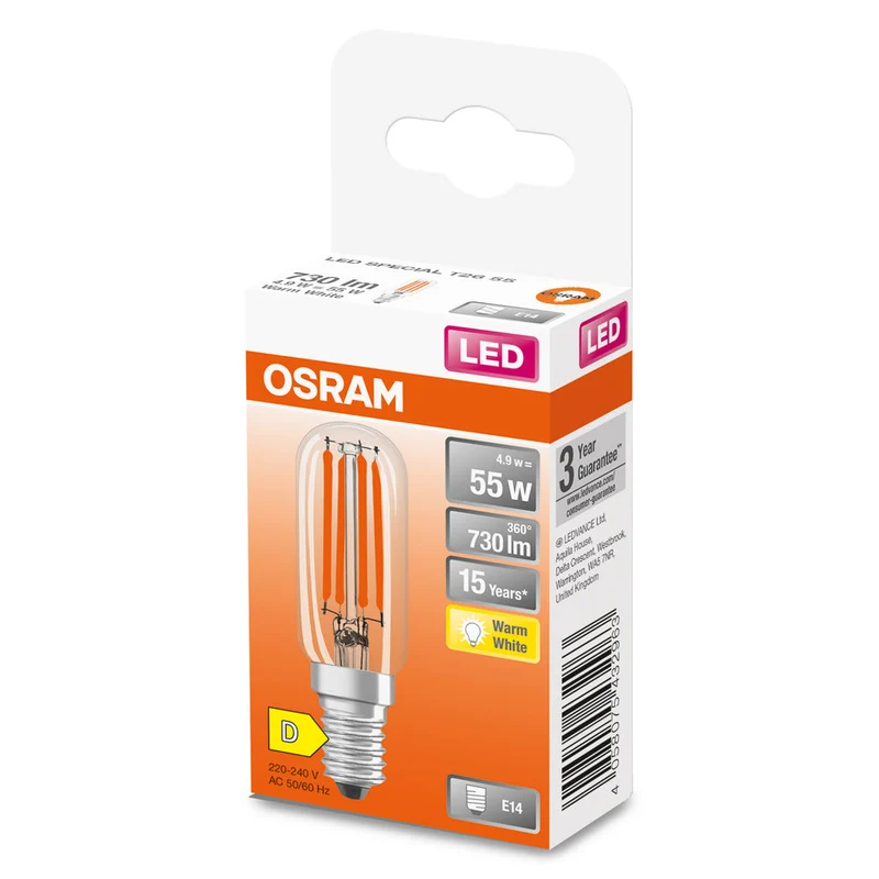 Lampe LED OSRAM LED SPECIAL T26 4,9W 827 Transparente E14, 730 lm, 2700 K, blanc chaud
