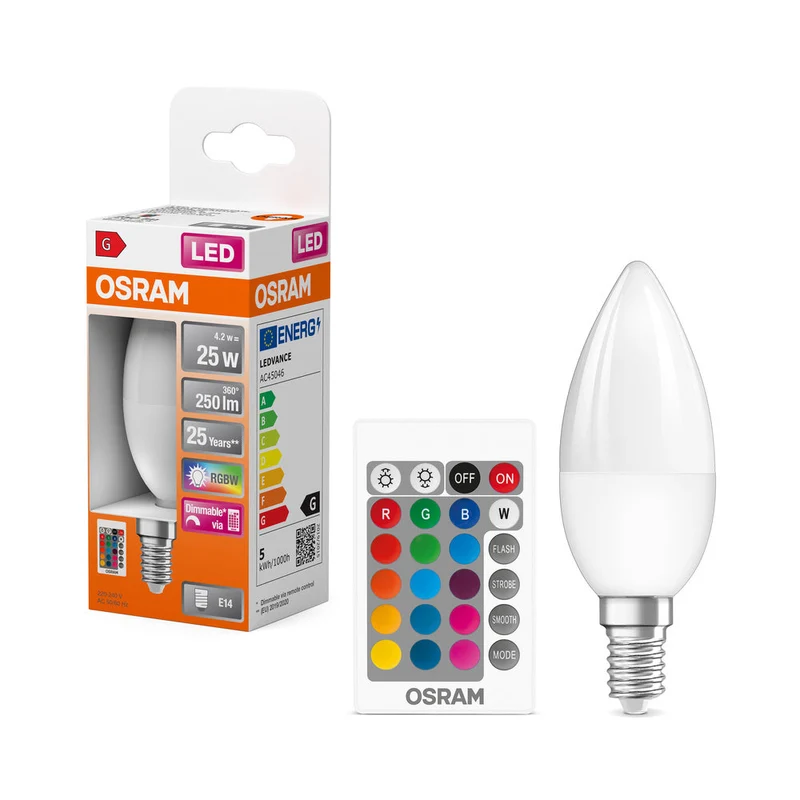 Lampe LED OSRAM Lampes LED Retrofit RGBW avec télécommande 4,2 W 827 Frosted E14 B-Form, 250 lm, 2700 K, Blanc chaud