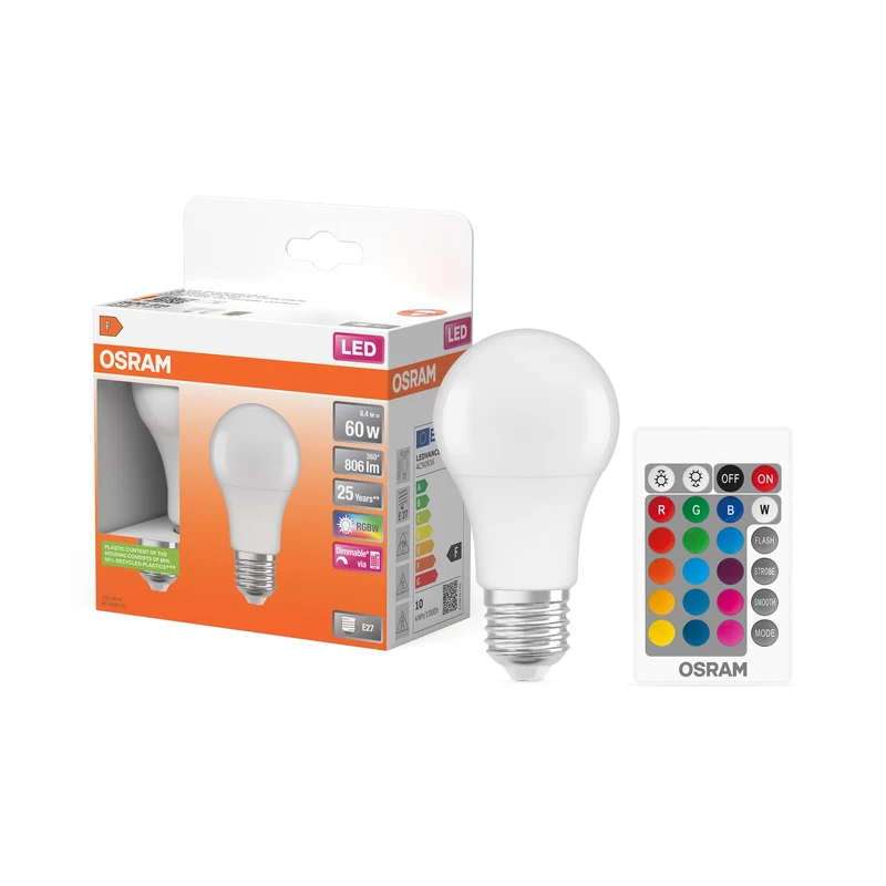 Lampe LED OSRAM Lampes LED Retrofit RGBW avec télécommande 9,4 W E27, 806 lm, 2700 K, blanc chaud, lot de 2