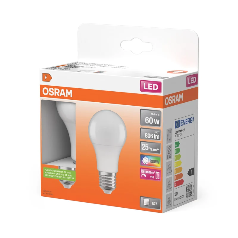 Lampe LED OSRAM Lampes LED Retrofit RGBW avec télécommande 9,4 W E27, 806 lm, 2700 K, blanc chaud, lot de 2