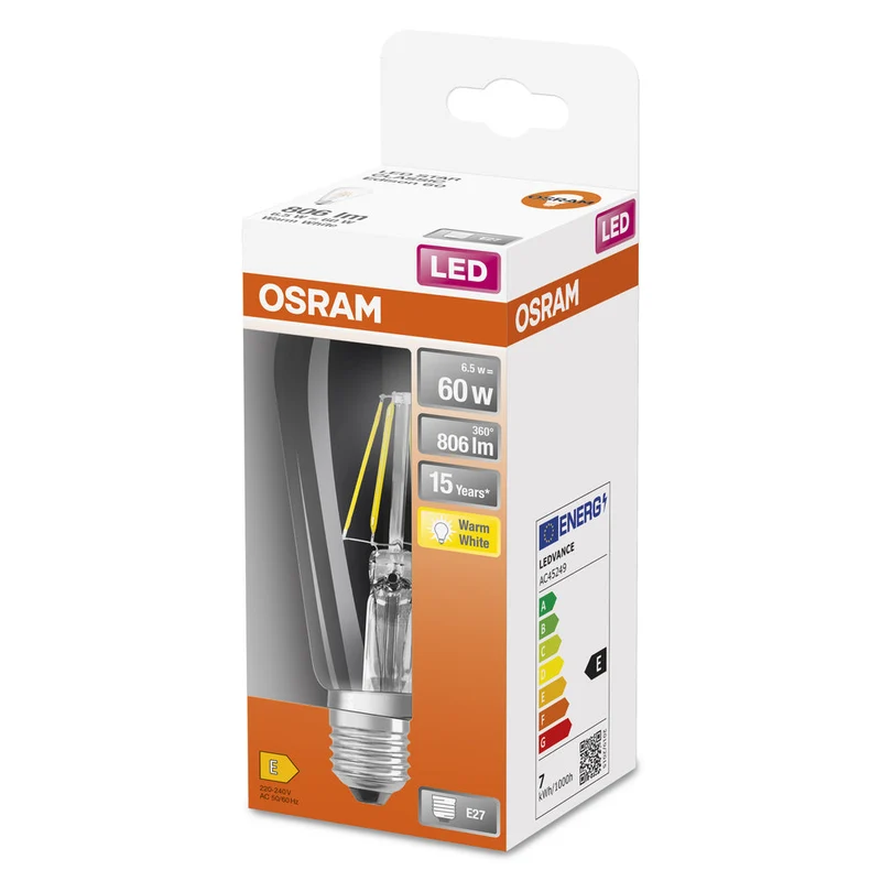 Lampe LED OSRAM LED Retrofit CLASSIC ST 6,5W 827 Clear E27, 806 lm, 2700 K, blanc chaud
