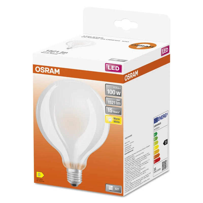 Lampe LED OSRAM LED Retrofit CLASSIC GLOBE95 11W 827 Givrée E27, 1521 lm, 2700 K, blanc chaud