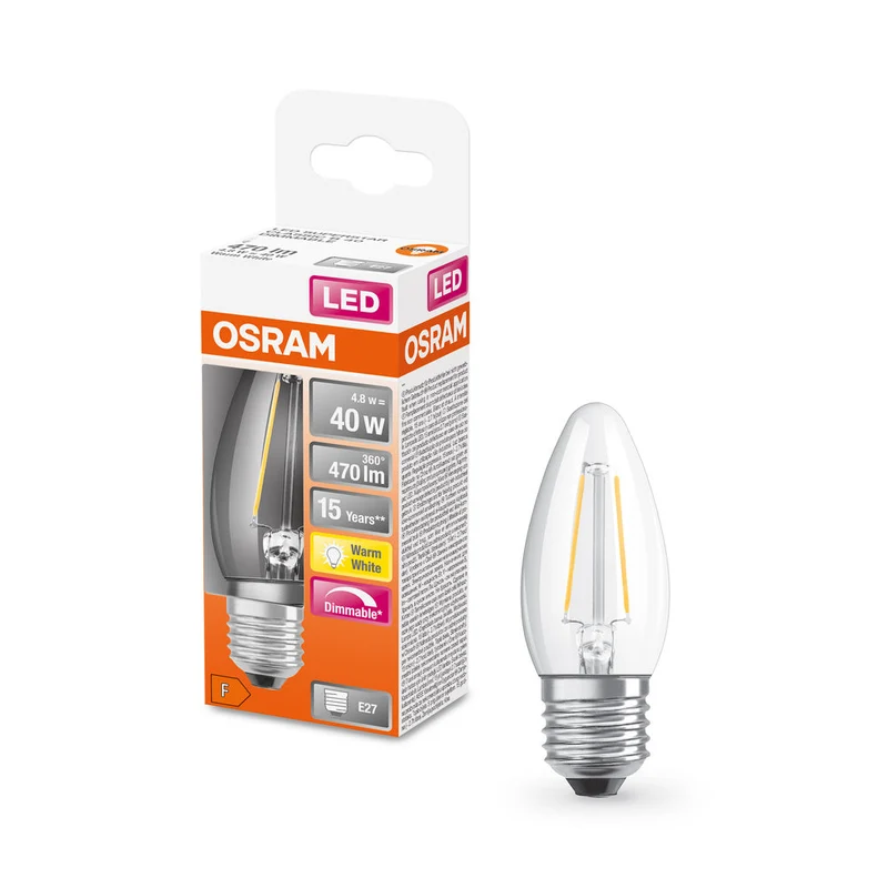Lampe LED OSRAM LED Retrofit CLASSIC B DIM 4,8W 827 Clear E27, 470 lm, 2700 K, blanc chaud