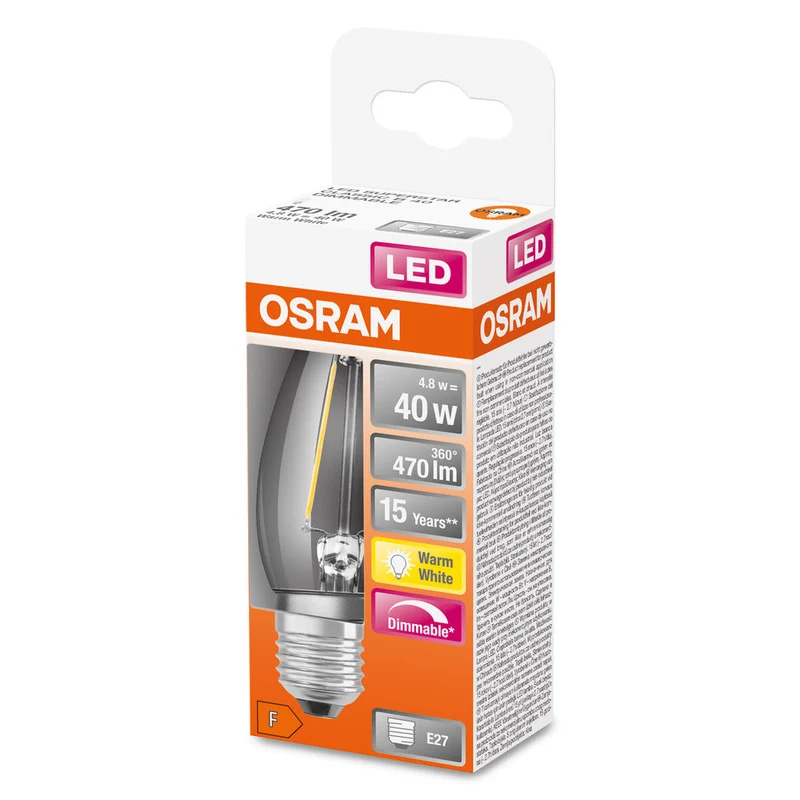 Lampe LED OSRAM LED Retrofit CLASSIC B DIM 4,8W 827 Clear E27, 470 lm, 2700 K, blanc chaud