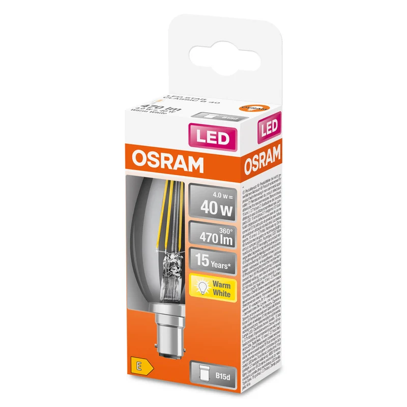 Lampe LED OSRAM LED Retrofit CLASSIC B 4W 827 Clear B15d, 470 lm, 2700 K, blanc chaud