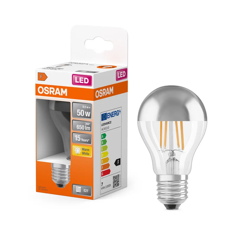 Lampe LED OSRAM LED Retrofit CLASSIC A Mirror 6,5W 827 Argent E27, 650 lm, 2700 K, blanc chaud