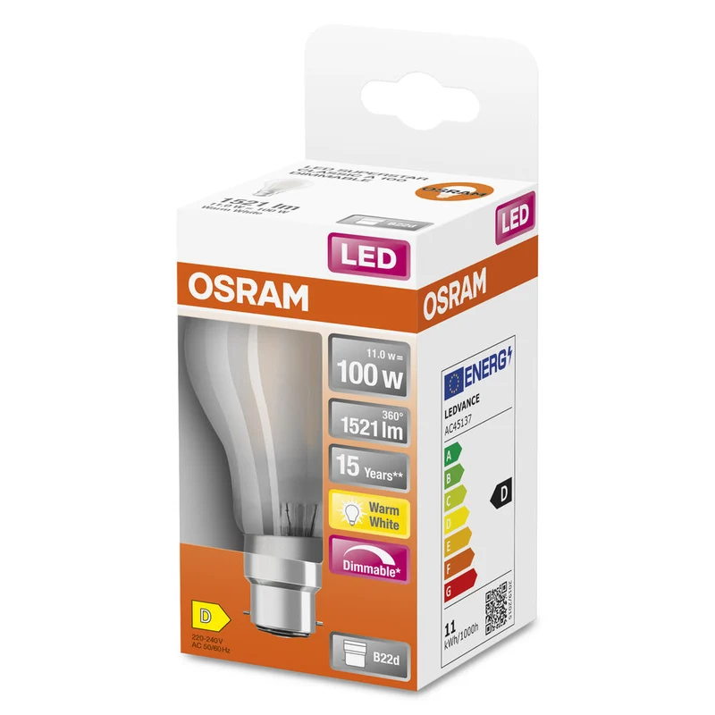 Lampe LED OSRAM LED Retrofit CLASSIC A DIM 11W 827 Frosted B22d, 1521 lm, 2700 K, blanc chaud