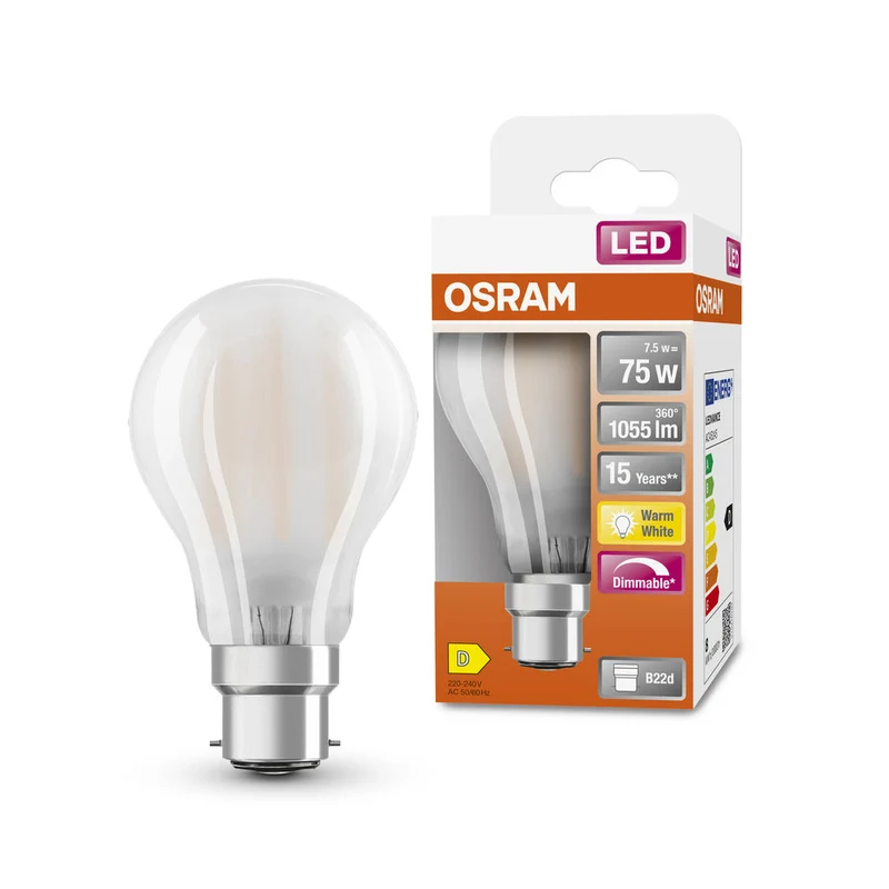 Lampe LED OSRAM LED Retrofit CLASSIC A DIM 7,5W 827 Frosted B22d, 1055 lm, 2700 K, Blanc chaud