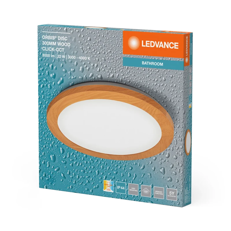 LEDVANCE ORBIS Disc plafonnier salle de bain 30cm 22W IP44 décor bois