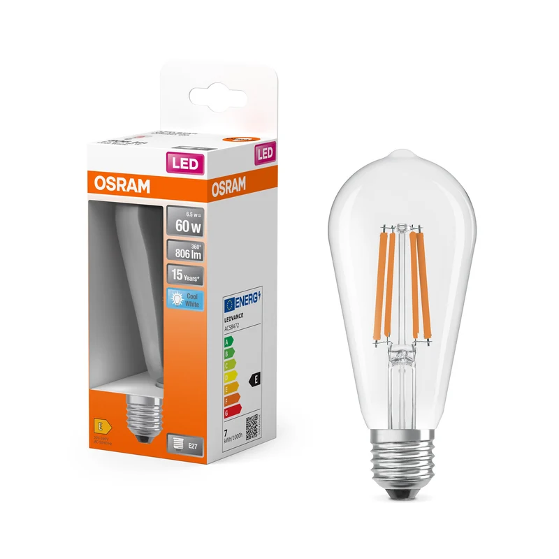 OSRAM LED Star Classic Lampe, forme Edison, 6.5W, 806lm, clair, blanc froid, E27