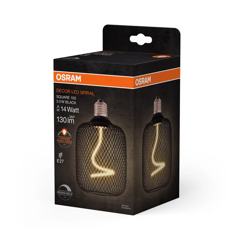 OSRAM DECOR LED Lampe à filament en spirale Carré, Noir, 3.5W, 130lm, Blanc chaud confortable, E27