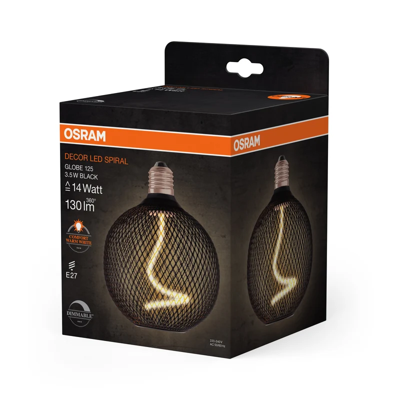 OSRAM DECOR LED Lampe à filament en spirale Globe, Noir, 3.5W, 130lm, Blanc chaud confortable, E27