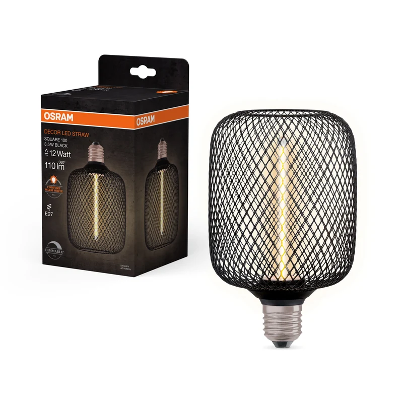 OSRAM DECOR LED Lampe à filament de paille Carré, Noir, 3.5W, 110lm, Blanc chaud confortable, E27