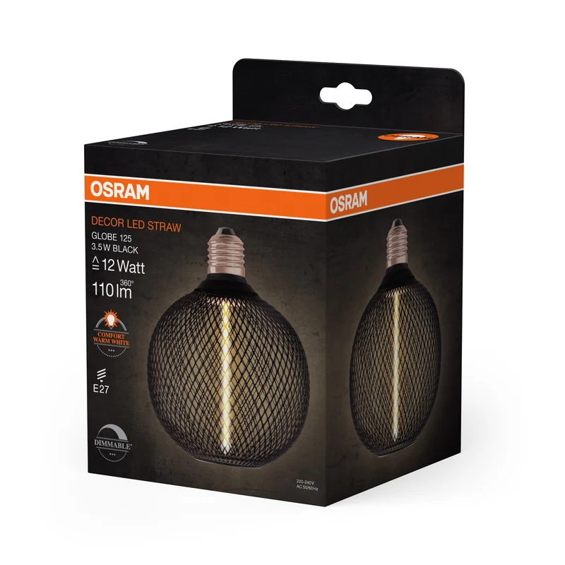 OSRAM DECOR LED Lampe à filament paille Globe, Noir, 3.5W, 110lm, Blanc chaud confortable, E27