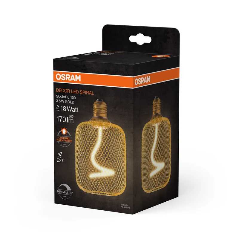 OSRAM DECOR LED Lampe à filament en spirale Carré, Or, 3.5W, 170lm, Blanc chaud confortable, E27