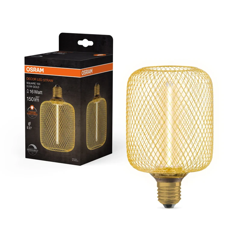 OSRAM DECOR LED Lampe à filament de paille Carré, Or, 3.5W, 150lm, Blanc chaud confortable, E27