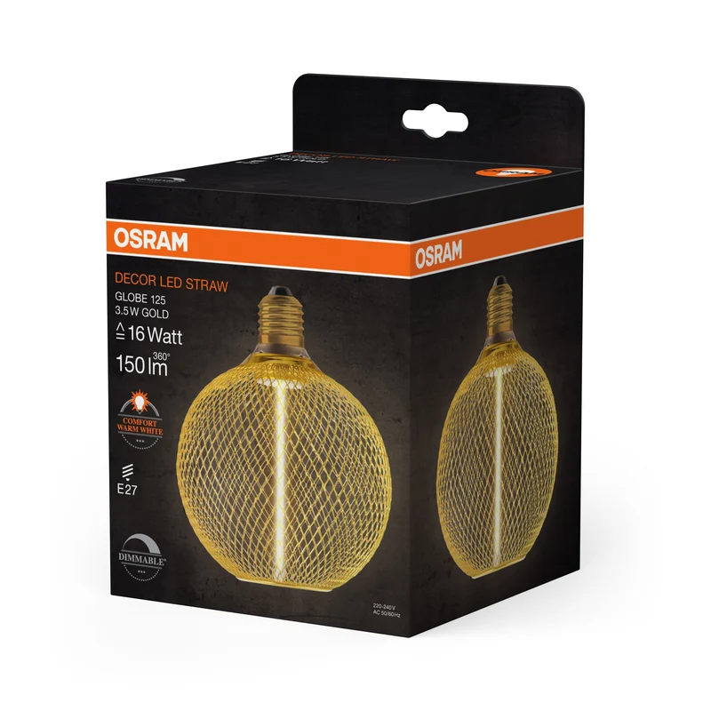 OSRAM DECOR LED Lampe à filament paille Globe, Or, 3.5W, 150lm, Blanc chaud confortable, E27