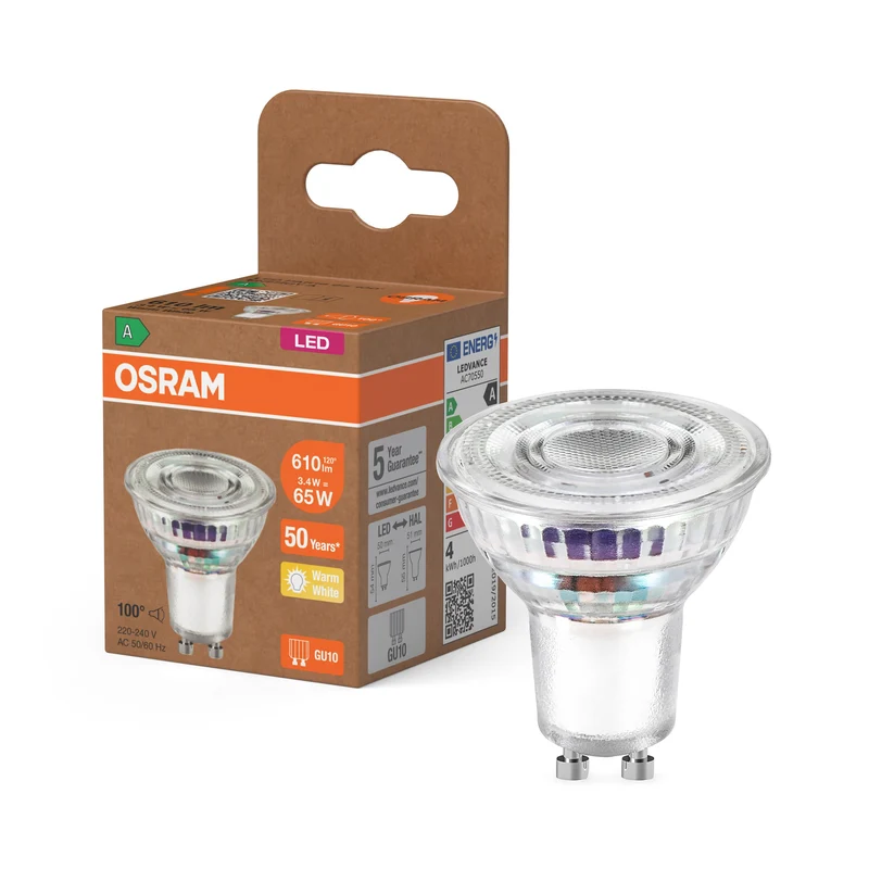 OSRAM Classe Énergie LED-Reflektor-Lampe, 3.3W, 600lm, GU10, Blanc chaud, GU10