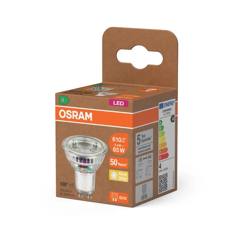 OSRAM Classe Énergie LED-Reflektor-Lampe, 3.3W, 600lm, GU10, Blanc chaud, GU10