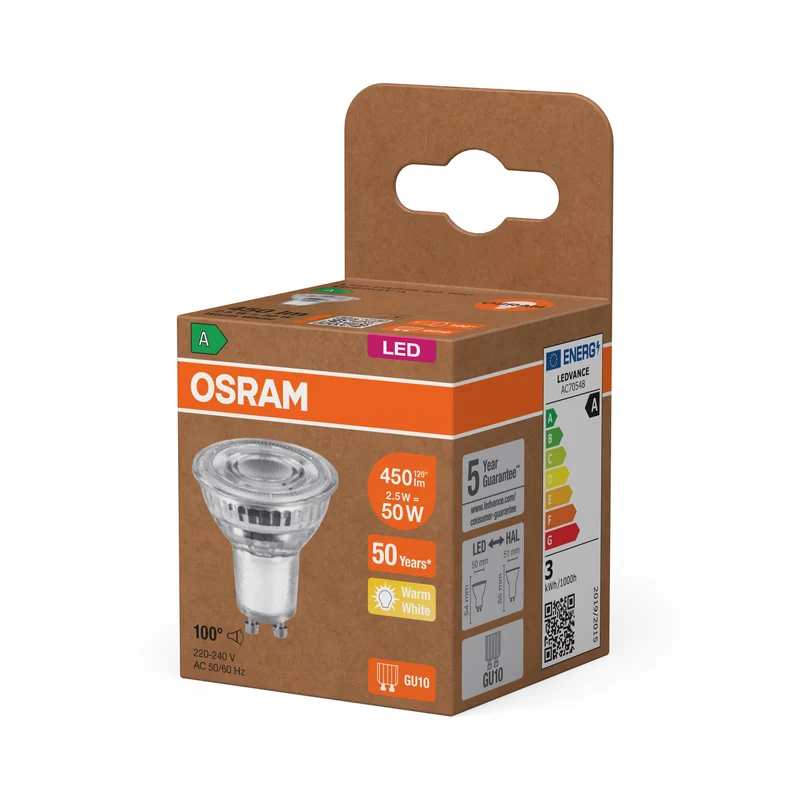 OSRAM Classe Énergie Ampoule LED-Réflecteur, 2.5W, 450lm, GU10, Blanc chaud, GU10