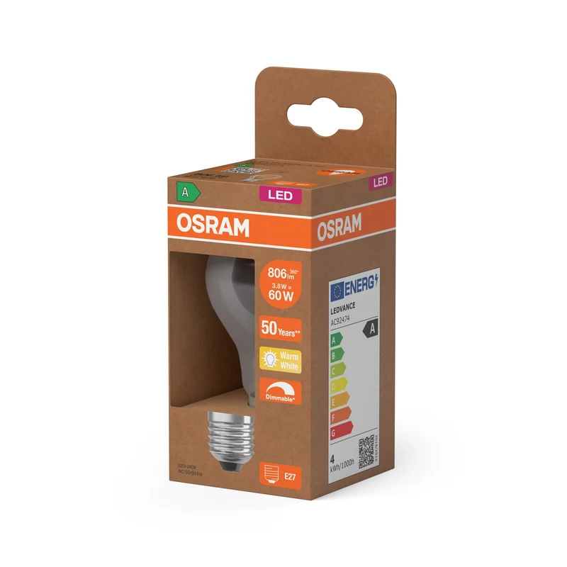 OSRAM Classe Énergie Ampoule LED, 3.8W, 806lm, Clair, E27, Blanc chaud