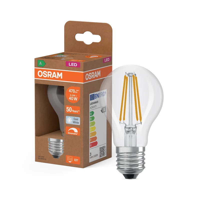 OSRAM Classe Énergie Ampoule LED, Forme Ampoule, 2.2W, Givré, E27, Blanc Froid