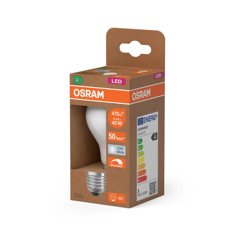 OSRAM Classe Énergie Ampoule LED, forme bulbe, 2.2W, claire, E27, blanc froid