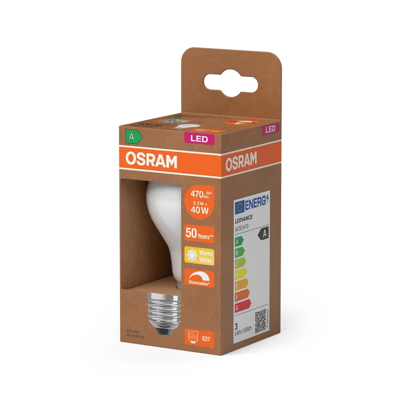 OSRAM Classe Énergie Ampoule LED, 2.2W, 470lm, Givré, E27, Blanc chaud