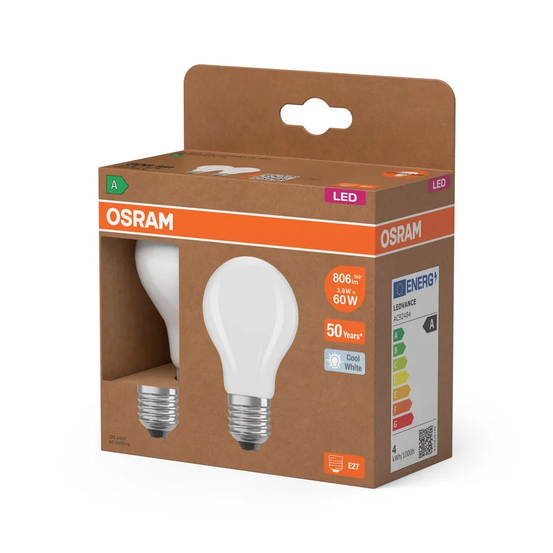 OSRAM Classe Énergie Ampoule LED, Ampoule, 3.8W, Givré, EEK A, Blanc Froid, E27