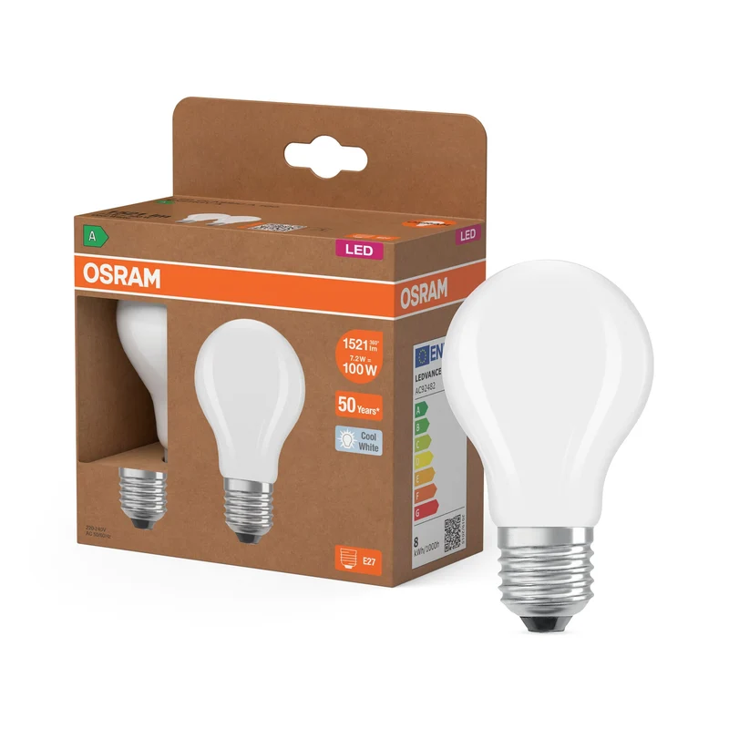 OSRAM Classe Énergie LED-Lampe, 7.2W, Givré, EEK A, Blanc Froid, Pack de 2, E27