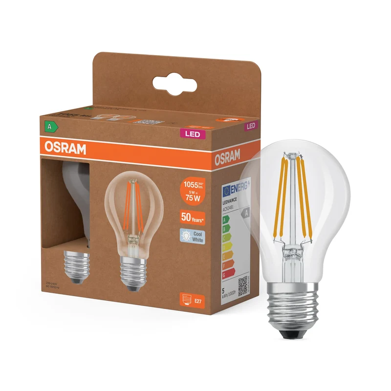 OSRAM Classe Énergie Ampoule LED, 5W, Claire, EEK A, Blanc Froid, Pack de 2, E27