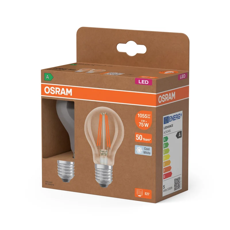 OSRAM Classe Énergie Ampoule LED, 5W, Claire, EEK A, Blanc Froid, Pack de 2, E27