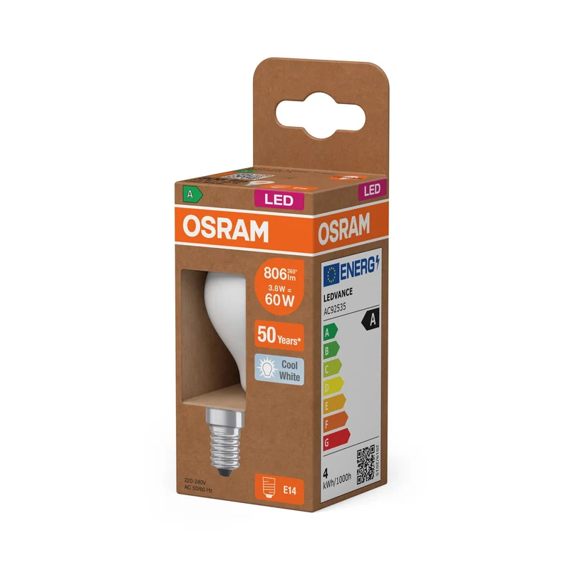 OSRAM Classe Énergie Ampoule LED, 3.8W, Givrée, EEK A, 806lm, Blanc Froid, E14