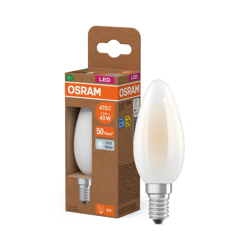 OSRAM Classe Énergie LED-Lampe, Bougie, 2.2W, Givré, EEK A, Blanc Froid, E14