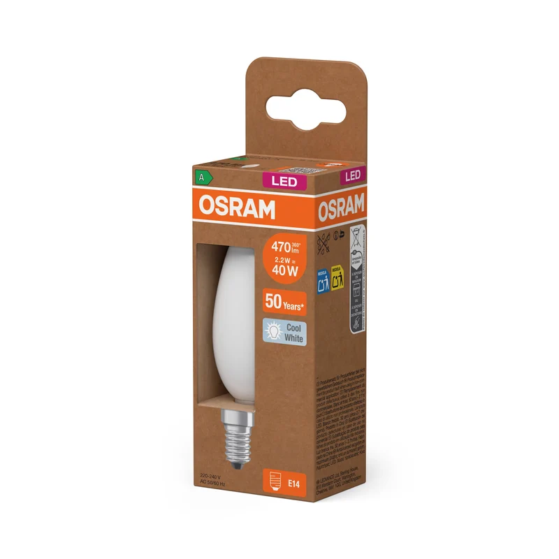 OSRAM Classe Énergie LED-Lampe, Bougie, 2.2W, Givré, EEK A, Blanc Froid, E14