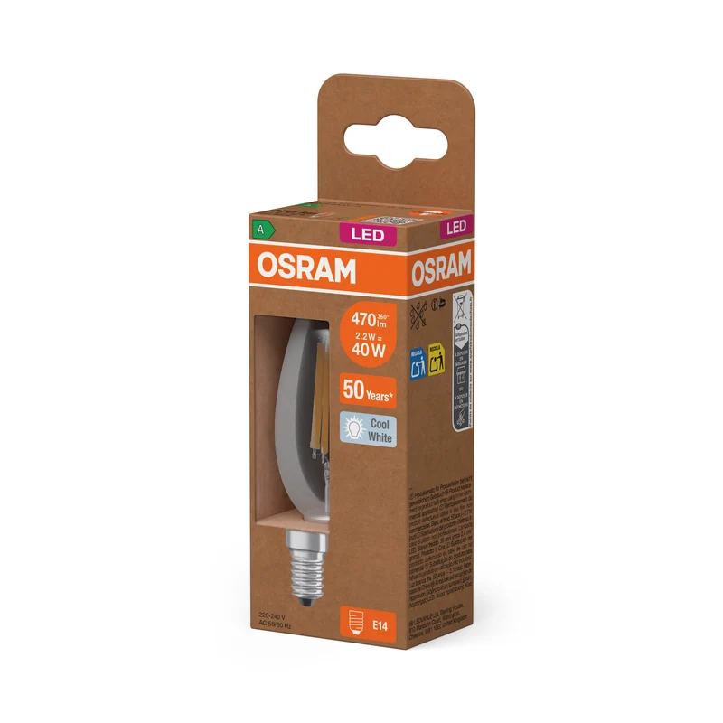 OSRAM Classe Énergie Ampoule LED, Mini bougie, 2.2W, Clair, EEK A, Blanc froid, E14