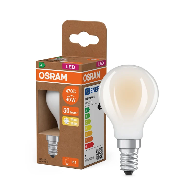 OSRAM Classe d'énergie Ampoule LED, Miniboule, 2.2W, Givré, EEK A, Blanc chaud, E14
