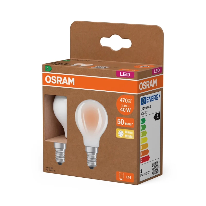 OSRAM LED Superstar Classic Lampe givrée, 2.2W, 470lm, 45mm, blanc chaud, E14