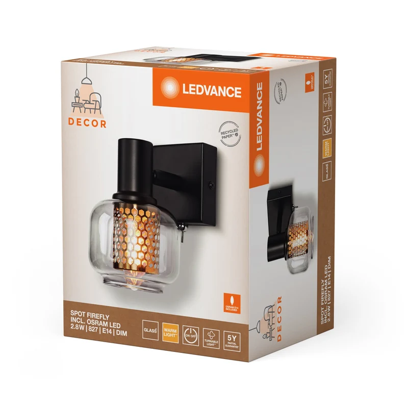 LEDVANCE DECOR Spot Firefly Applique murale, lampe OSRAM incluse, noir, 1 x 2.8W, E14