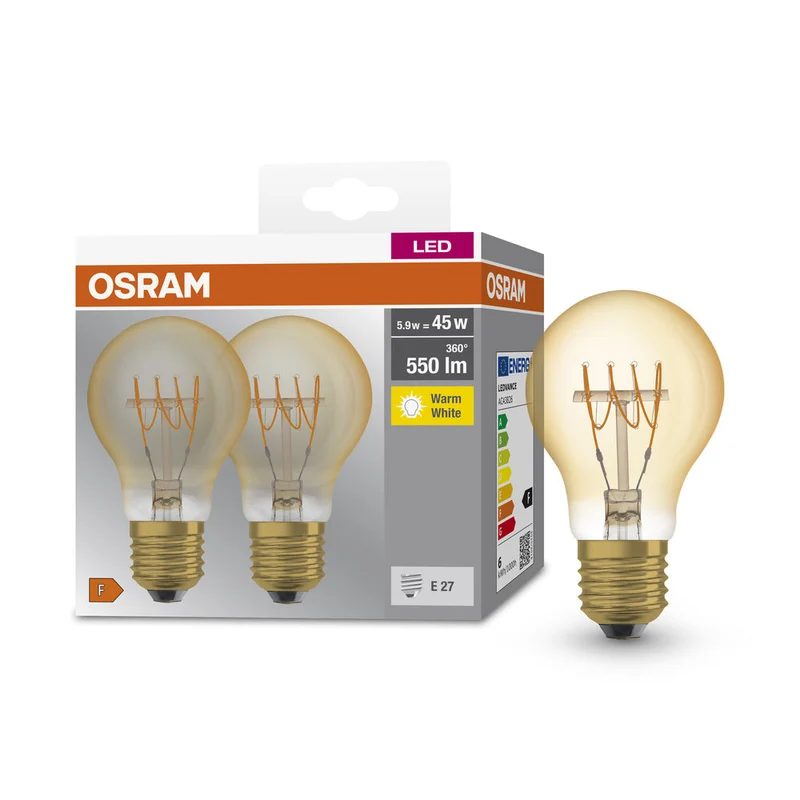 OSRAM LED Base Classic A 45 Filament Rétro 5.9W 827 E27 2 pièces, Blanc chaud