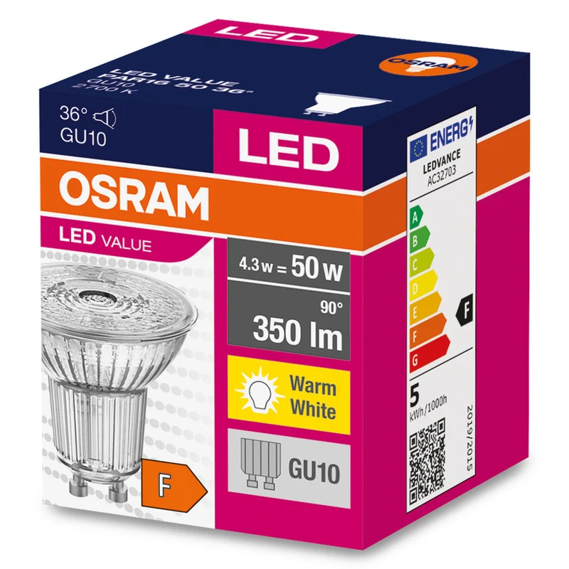 OSRAM projecteur LED Value PAR16 50 36° 4.3W 827 GU10, blanc chaud