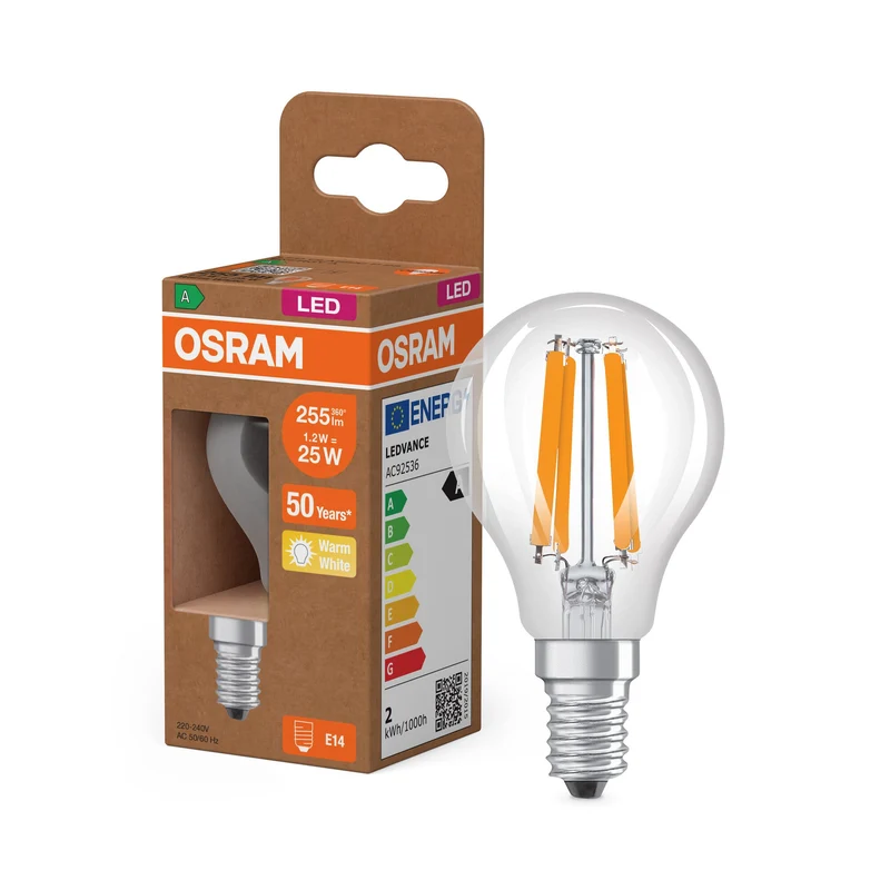 OSRAM lampe globe LED avec filament EEK A, E14, 1,2W, 4000K, blanc chaud
