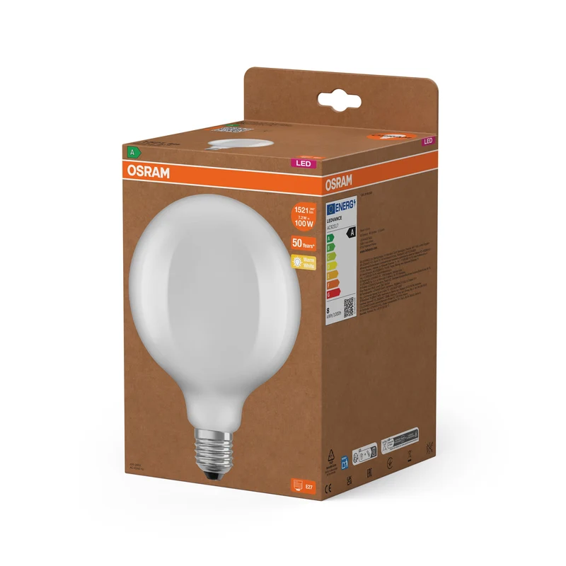OSRAM lampe globe LED + filament EEK A, E27, 7.2W, 2700K, blanc chaud