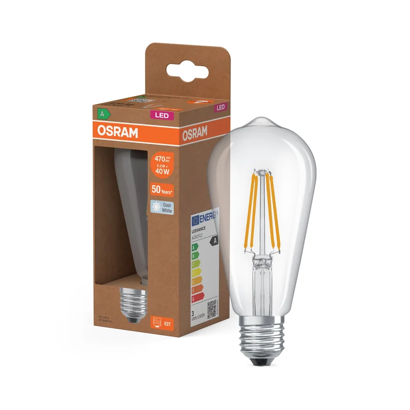 OSRAM lampe globe LED + filament EEK A, E27, 7.2W, 4000K, blanc froid