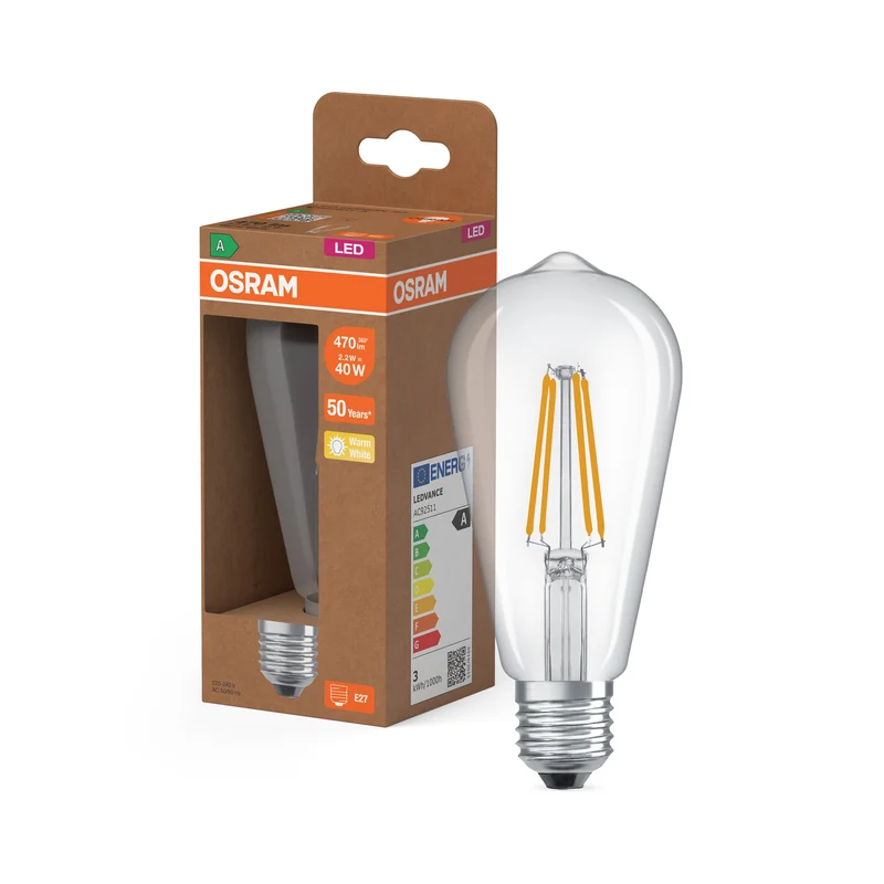 OSRAM lampe globe LED + filament EEK A, E27, 7.2W, 2700K, blanc chaud