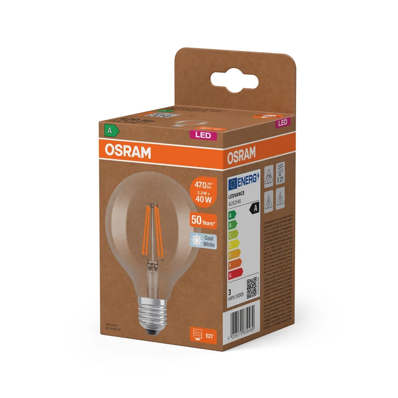 OSRAM ampoule LED globe avec filament EEK A, E27, 5W, 4000K, blanc froid