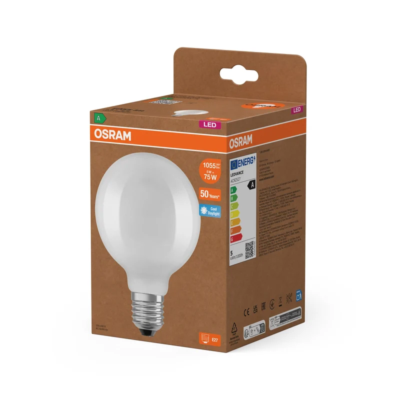 LEDVANCE ampoule globe LED avec filament EEK A, E27, 5W, 6500K, lumière du jour froide