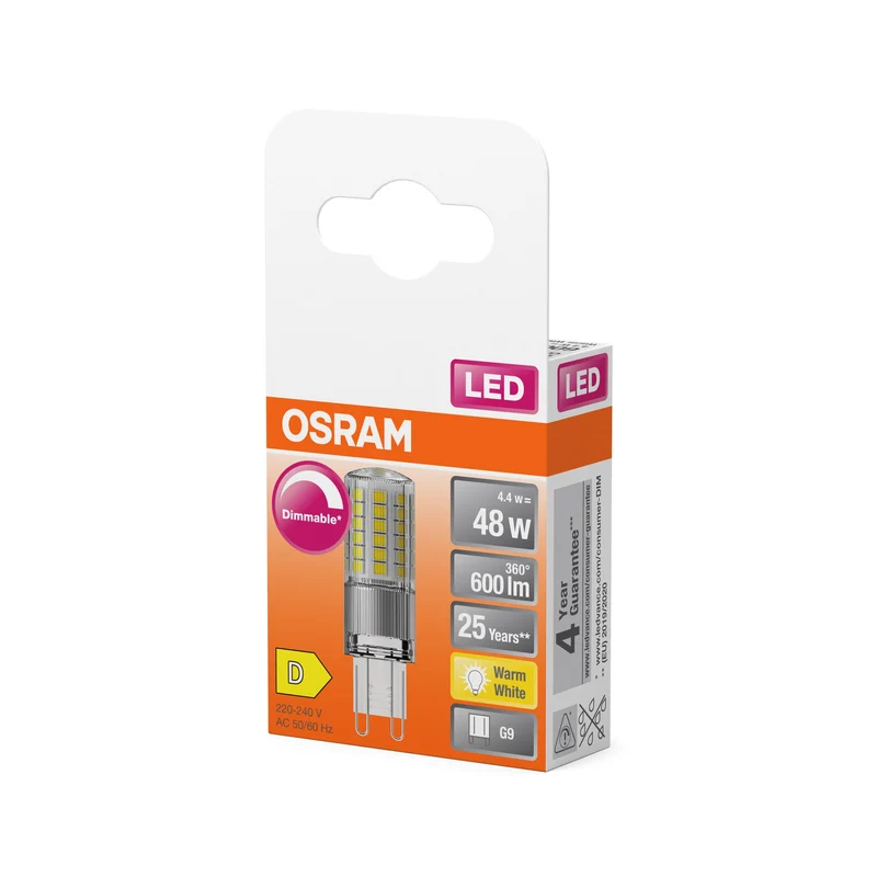 OSRAM LED- Lampe à douille à broche PIN claire, 4.4W, 600lm, G9, 18 mm, blanc chaud