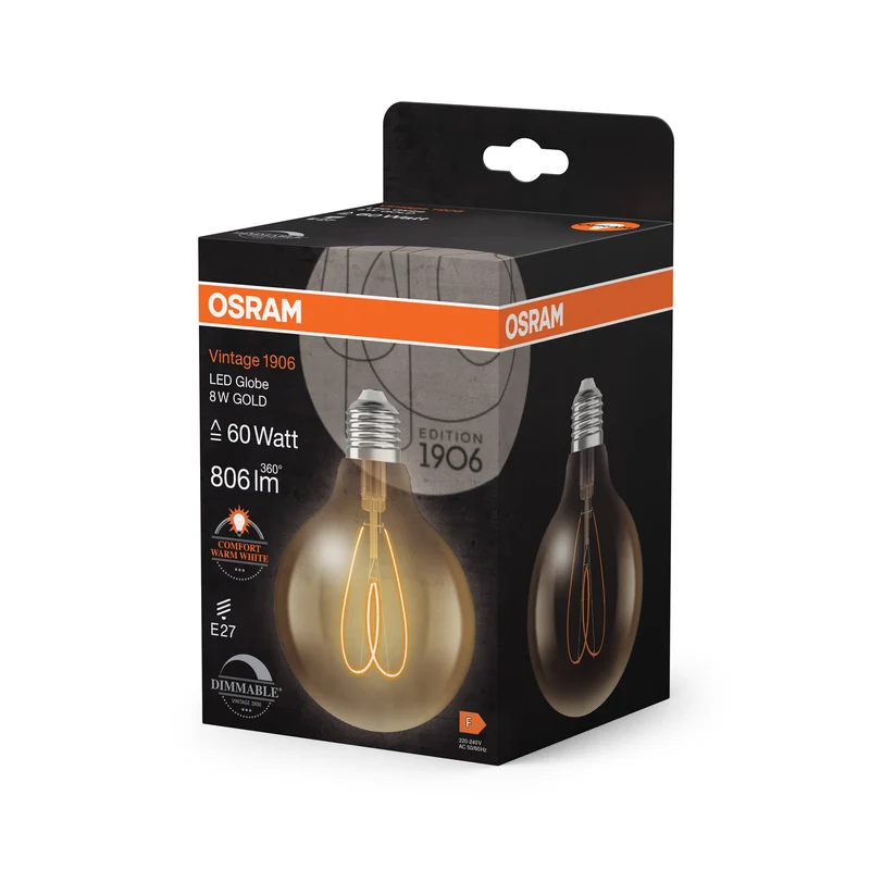 OSRAM Vintage 1906 Globe LED-Lampe Or, 8W, 806lm, 95mm, Blanc chaud confortable, E27